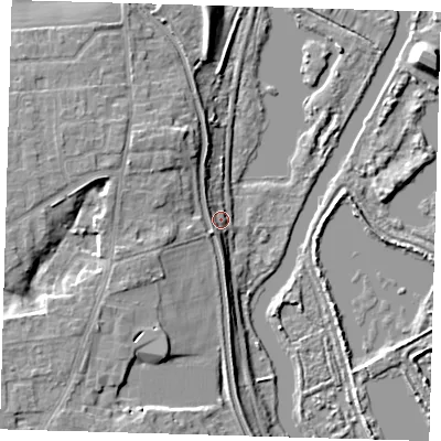 Shaded relief map of the ground around EN110QH, computed from Environment Agency LiDAR. The ground here sits at about 31 m above sea level and falls 10 m across the surrounding 800 m. Surface water reaching this point runs off ground lying to the west-north-west, 8.0 m higher.
