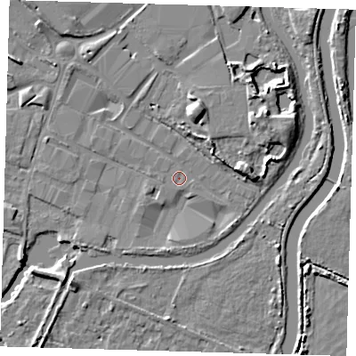 Shaded relief map of the ground around EN110QR, computed from Environment Agency LiDAR. The ground here sits at about 27 m above sea level and falls 8 m across the surrounding 800 m. Surface water reaching this point runs off ground lying to the south-east, 0.7 m higher.