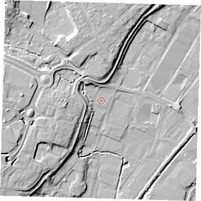 Shaded relief map of the ground around EN110QS, computed from Environment Agency LiDAR. The ground here sits at about 29 m above sea level and falls 13 m across the surrounding 800 m. Surface water reaching this point runs off ground lying to the south-west, 7.4 m higher.