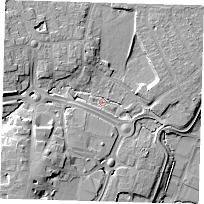Shaded relief map of the ground around EN110QU, computed from Environment Agency LiDAR. The ground here sits at about 33 m above sea level and falls 20 m across the surrounding 800 m. Surface water reaching this point runs off ground lying to the west-south-west, 4.2 m higher.