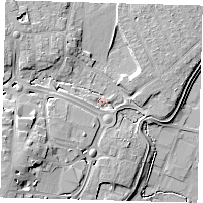 Shaded relief map of the ground around EN110QX, computed from Environment Agency LiDAR. The ground here sits at about 33 m above sea level and falls 20 m across the surrounding 800 m. Surface water reaching this point runs off ground lying to the south-west, 15.4 m higher.