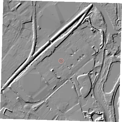 Shaded relief map of the ground around EN110RF, computed from Environment Agency LiDAR. The ground here sits at about 28 m above sea level and falls 6 m across the surrounding 800 m. Surface water reaching this point runs off ground lying to the south-west, 2.2 m higher.