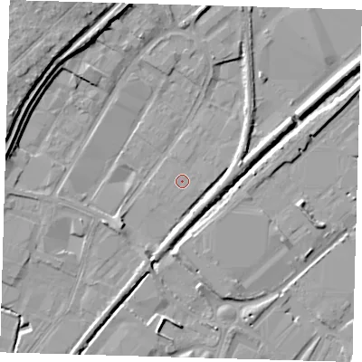Shaded relief map of the ground around EN110WZ, computed from Environment Agency LiDAR. The ground here sits at about 28 m above sea level and falls 12 m across the surrounding 800 m. Surface water reaching this point runs off ground lying to the north-west, 9.5 m higher.