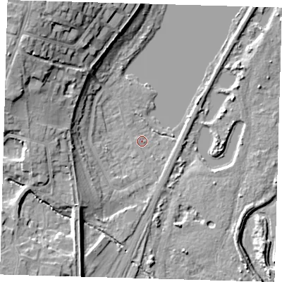 Shaded relief map of the ground around EN118AF, computed from Environment Agency LiDAR. The ground here sits at about 27 m above sea level and falls 19 m across the surrounding 800 m. Surface water reaching this point runs off ground lying to the north-west, 15.9 m higher.
