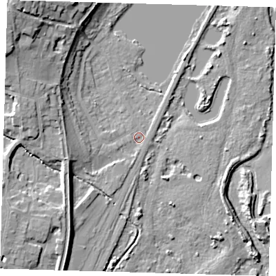 Shaded relief map of the ground around EN118AQ, computed from Environment Agency LiDAR. The ground here sits at about 27 m above sea level and falls 18 m across the surrounding 800 m. Surface water reaching this point runs off ground lying to the west-south-west, 6.6 m higher.