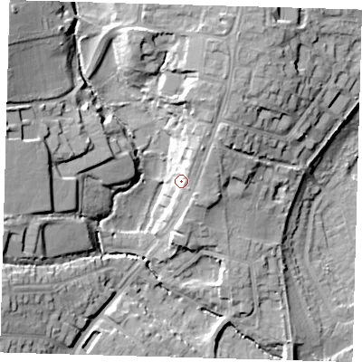 Shaded relief map of the ground around EN118AZ, computed from Environment Agency LiDAR. The ground here sits at about 38 m above sea level and falls 25 m across the surrounding 800 m. Surface water reaching this point runs off ground lying to the north-north-east, 8.8 m higher.