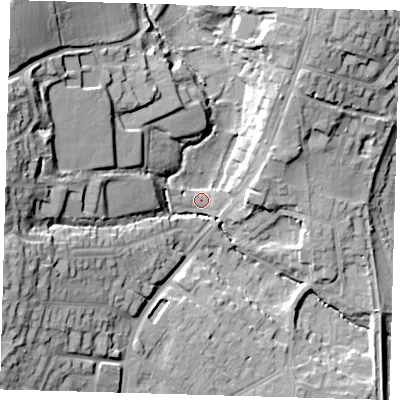 Shaded relief map of the ground around EN118BA, computed from Environment Agency LiDAR. The ground here sits at about 33 m above sea level and falls 31 m across the surrounding 800 m. Surface water reaching this point runs off ground lying to the north-west, 27.9 m higher.