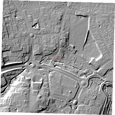 Shaded relief map of the ground around EN118HX, computed from Environment Agency LiDAR. The ground here sits at about 34 m above sea level and falls 18 m across the surrounding 800 m. Surface water reaching this point runs off ground lying to the north-west, 5.0 m higher.