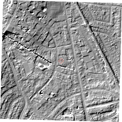 Shaded relief map of the ground around EN12DQ, computed from Environment Agency LiDAR. The ground here sits at about 23 m above sea level and falls 10 m across the surrounding 800 m. Surface water reaching this point runs off ground lying to the north-north-west, 0.6 m higher.