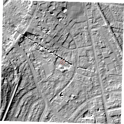 Shaded relief map of the ground around EN12EP, computed from Environment Agency LiDAR. The ground here sits at about 23 m above sea level and falls 17 m across the surrounding 800 m. Surface water reaching this point runs off ground lying to the west-north-west, 7.2 m higher.