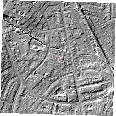Shaded relief map of the ground around EN12EW, computed from Environment Agency LiDAR. The ground here sits at about 23 m above sea level and falls 9 m across the surrounding 800 m. Surface water reaching this point runs off ground lying to the west, 1.2 m higher.