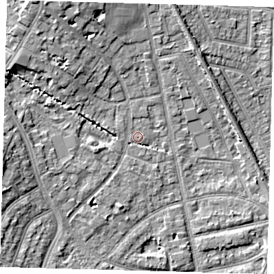 Shaded relief map of the ground around EN12HE, computed from Environment Agency LiDAR. The ground here sits at about 23 m above sea level and falls 11 m across the surrounding 800 m. Surface water reaching this point runs off ground lying to the west-south-west, 5.3 m higher.