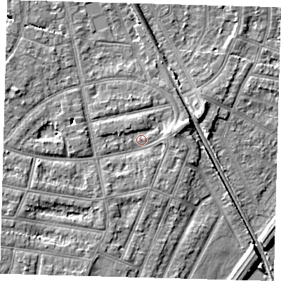Shaded relief map of the ground around EN12HJ, computed from Environment Agency LiDAR. The ground here sits at about 22 m above sea level and falls 9 m across the surrounding 800 m. Surface water reaching this point runs off ground lying to the east-north-east, 3.0 m higher.