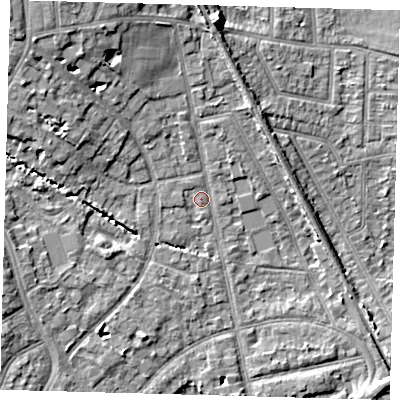 Shaded relief map of the ground around EN12PF, computed from Environment Agency LiDAR. The ground here sits at about 23 m above sea level and falls 11 m across the surrounding 800 m. Surface water reaching this point runs off ground lying to the north-west, 8.9 m higher.
