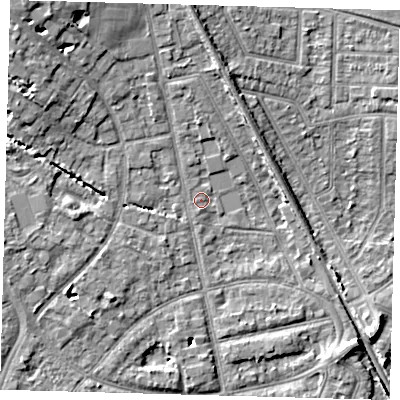 Shaded relief map of the ground around EN12PG, computed from Environment Agency LiDAR. The ground here sits at about 22 m above sea level and falls 10 m across the surrounding 800 m. Surface water reaching this point runs off ground lying to the north-west, 8.0 m higher.