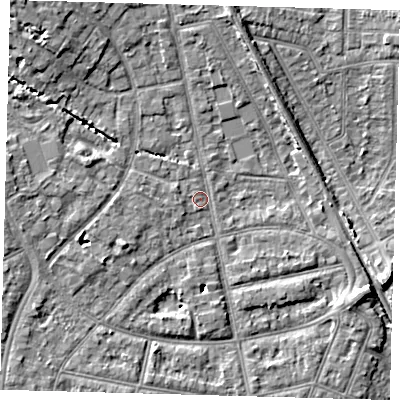 Shaded relief map of the ground around EN12PH, computed from Environment Agency LiDAR. The ground here sits at about 22 m above sea level and falls 9 m across the surrounding 800 m. Surface water reaching this point runs off ground lying to the west, 5.4 m higher.