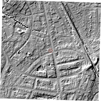 Shaded relief map of the ground around EN12PJ, computed from Environment Agency LiDAR. The ground here sits at about 22 m above sea level and falls 8 m across the surrounding 800 m. Surface water reaching this point runs off ground lying to the east-south-east, 6.0 m higher.