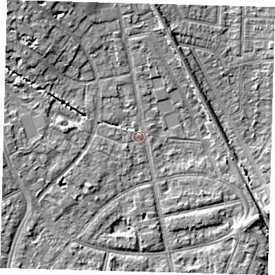 Shaded relief map of the ground around EN12PQ, computed from Environment Agency LiDAR. The ground here sits at about 23 m above sea level and falls 9 m across the surrounding 800 m. Surface water reaching this point runs off ground lying to the west-south-west, 5.8 m higher.