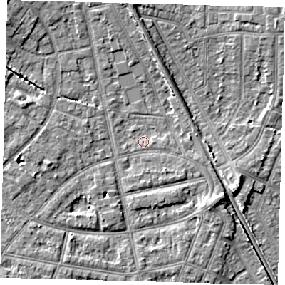 Shaded relief map of the ground around EN12PS, computed from Environment Agency LiDAR. The ground here sits at about 22 m above sea level and falls 8 m across the surrounding 800 m. Surface water reaching this point runs off ground lying to the south-east, 6.0 m higher.