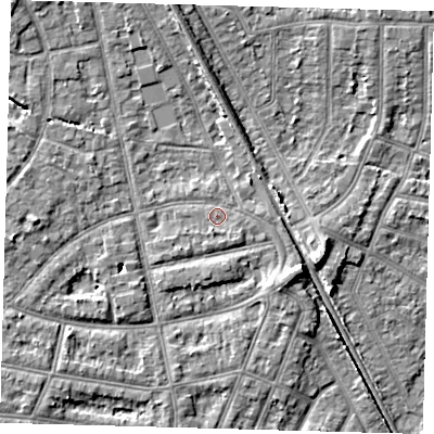 Shaded relief map of the ground around EN12PT, computed from Environment Agency LiDAR. The ground here sits at about 23 m above sea level and falls 8 m across the surrounding 800 m. Surface water reaching this point runs off ground lying to the south-south-west, 1.7 m higher.