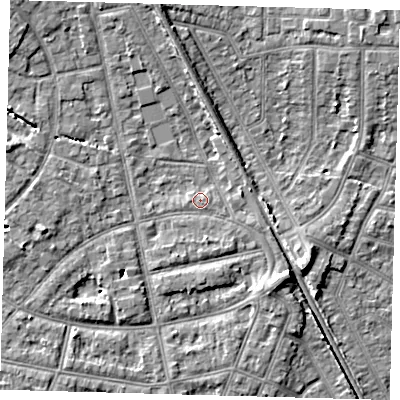 Shaded relief map of the ground around EN12PU, computed from Environment Agency LiDAR. The ground here sits at about 22 m above sea level and falls 8 m across the surrounding 800 m. Surface water reaching this point runs off ground lying to the south-east, 6.0 m higher.