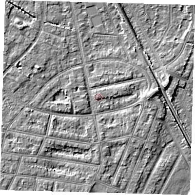 Shaded relief map of the ground around EN12PW, computed from Environment Agency LiDAR. The ground here sits at about 23 m above sea level and falls 7 m across the surrounding 800 m. Surface water reaching this point runs off ground lying to the west-south-west, 3.3 m higher.