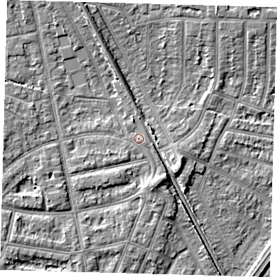 Shaded relief map of the ground around EN12QB, computed from Environment Agency LiDAR. The ground here sits at about 22 m above sea level and falls 8 m across the surrounding 800 m. Surface water reaching this point runs off ground lying to the east-south-east, 1.3 m higher.