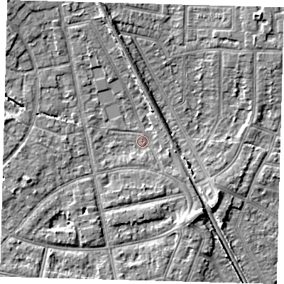 Shaded relief map of the ground around EN12QG, computed from Environment Agency LiDAR. The ground here sits at about 22 m above sea level and falls 8 m across the surrounding 800 m. Surface water reaching this point runs off ground lying to the south-west, 2.0 m higher.