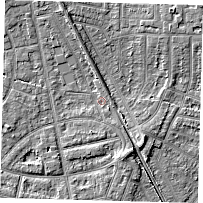 Shaded relief map of the ground around EN12QH, computed from Environment Agency LiDAR. The ground here sits at about 22 m above sea level and falls 8 m across the surrounding 800 m. Surface water reaching this point runs off ground lying to the north-west, 4.9 m higher.