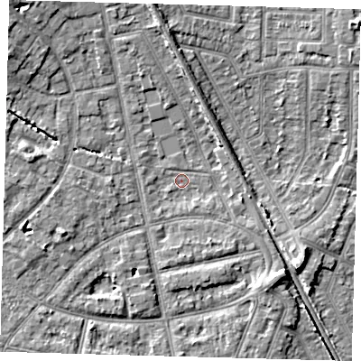 Shaded relief map of the ground around EN12QJ, computed from Environment Agency LiDAR. The ground here sits at about 22 m above sea level and falls 8 m across the surrounding 800 m. Surface water reaching this point runs off ground lying to the south-east, 6.0 m higher.