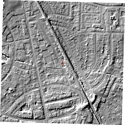 Shaded relief map of the ground around EN12QN, computed from Environment Agency LiDAR. The ground here sits at about 21 m above sea level and falls 9 m across the surrounding 800 m. Surface water reaching this point runs off ground lying to the north-west, 7.4 m higher.
