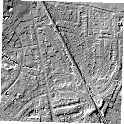 Shaded relief map of the ground around EN12QP, computed from Environment Agency LiDAR. The ground here sits at about 22 m above sea level and falls 10 m across the surrounding 800 m. Surface water reaching this point runs off ground lying to the north-west, 8.1 m higher.