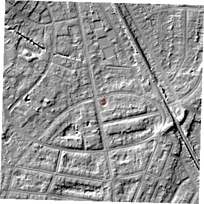 Shaded relief map of the ground around EN12QS, computed from Environment Agency LiDAR. The ground here sits at about 22 m above sea level and falls 8 m across the surrounding 800 m. Surface water reaching this point runs off ground lying to the east-south-east, 6.0 m higher.