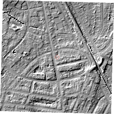 Shaded relief map of the ground around EN12QT, computed from Environment Agency LiDAR. The ground here sits at about 22 m above sea level and falls 7 m across the surrounding 800 m. Surface water reaching this point runs off ground lying to the east-south-east, 6.0 m higher.