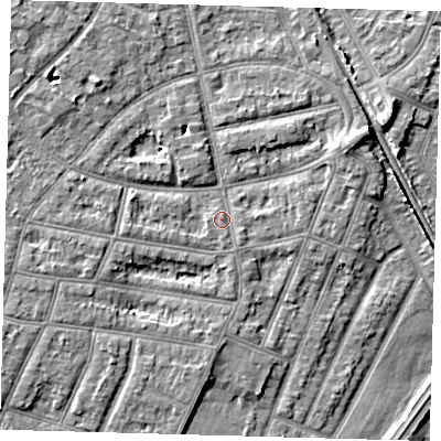 Shaded relief map of the ground around EN12RR, computed from Environment Agency LiDAR. The ground here sits at about 23 m above sea level and falls 8 m across the surrounding 800 m. Surface water reaching this point runs off ground lying to the south-south-east, 1.0 m higher.