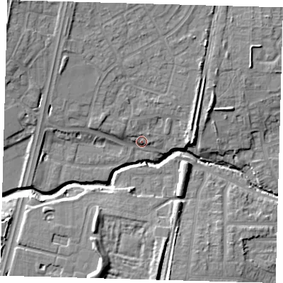 Shaded relief map of the ground around EN14PJ, computed from Environment Agency LiDAR. The ground here sits at about 24 m above sea level and falls 14 m across the surrounding 800 m. Surface water reaching this point runs off ground lying to the north-west, 7.2 m higher.