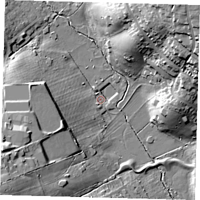 Shaded relief map of the ground around EN27DA, computed from Environment Agency LiDAR. The ground here sits at about 27 m above sea level and falls 38 m across the surrounding 800 m. Surface water reaching this point runs off ground lying to the west-south-west, 20.5 m higher.