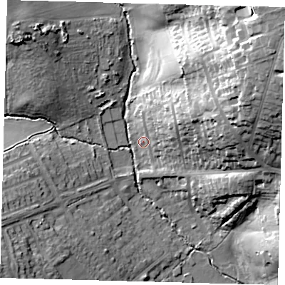 Shaded relief map of the ground around EN27DU, computed from Environment Agency LiDAR. The ground here sits at about 32 m above sea level and falls 41 m across the surrounding 800 m. Surface water reaching this point runs off ground lying to the east-north-east, 17.3 m higher.