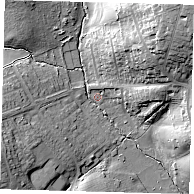Shaded relief map of the ground around EN27EA, computed from Environment Agency LiDAR. The ground here sits at about 30 m above sea level and falls 41 m across the surrounding 800 m. Surface water reaching this point runs off ground lying to the north-east, 38.9 m higher.