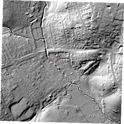 Shaded relief map of the ground around EN27EB, computed from Environment Agency LiDAR. The ground here sits at about 30 m above sea level and falls 42 m across the surrounding 800 m. Surface water reaching this point runs off ground lying to the north-east, 37.9 m higher.