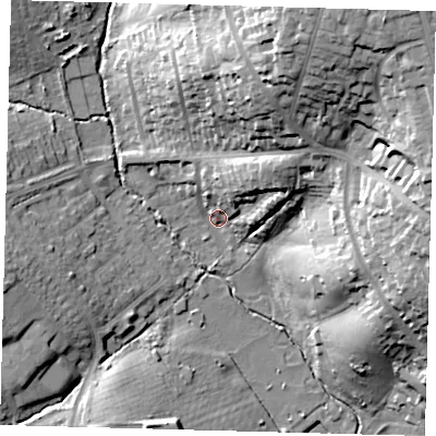 Shaded relief map of the ground around EN27ED, computed from Environment Agency LiDAR. The ground here sits at about 31 m above sea level and falls 43 m across the surrounding 800 m. Surface water reaching this point runs off ground lying to the north-east, 18.8 m higher.