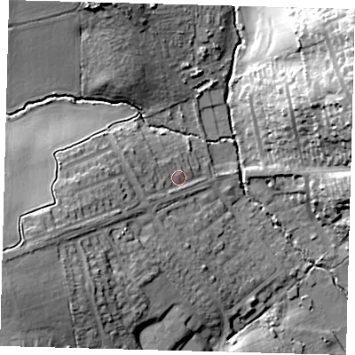 Shaded relief map of the ground around EN27ES, computed from Environment Agency LiDAR. The ground here sits at about 36 m above sea level and falls 34 m across the surrounding 800 m. Surface water reaching this point runs off ground lying to the west-south-west, 19.7 m higher.