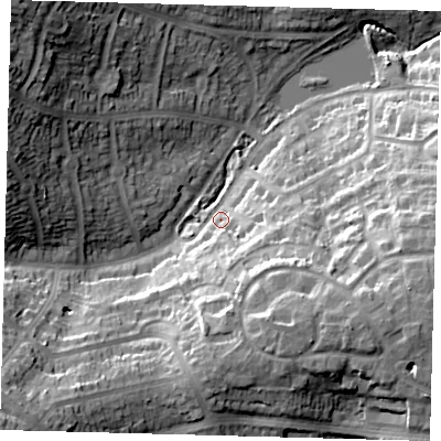 Shaded relief map of the ground around EN27JY, computed from Environment Agency LiDAR. The ground here sits at about 49 m above sea level and falls 36 m across the surrounding 800 m. Surface water reaching this point runs off ground lying to the south-south-east, 13.4 m higher.