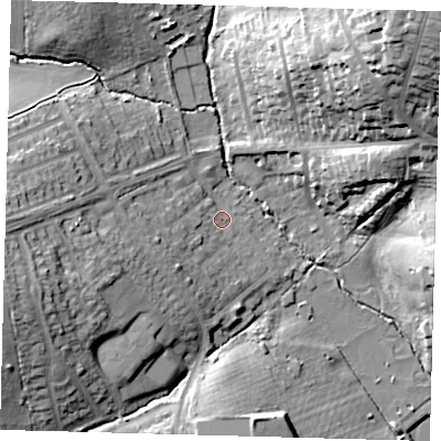 Shaded relief map of the ground around EN27QU, computed from Environment Agency LiDAR. The ground here sits at about 31 m above sea level and falls 41 m across the surrounding 800 m. Surface water reaching this point runs off ground lying to the west-south-west, 7.9 m higher.