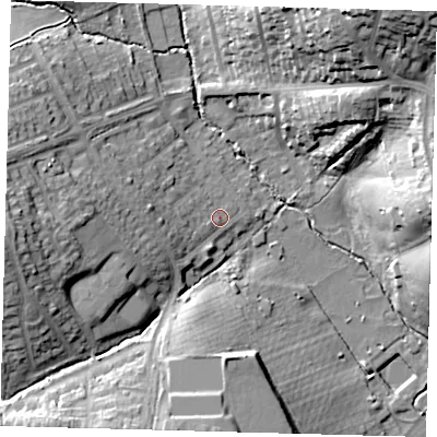 Shaded relief map of the ground around EN27QZ, computed from Environment Agency LiDAR. The ground here sits at about 31 m above sea level and falls 37 m across the surrounding 800 m. Surface water reaching this point runs off ground lying to the west, 6.1 m higher.