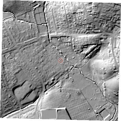 Shaded relief map of the ground around EN27RA, computed from Environment Agency LiDAR. The ground here sits at about 30 m above sea level and falls 41 m across the surrounding 800 m. Surface water reaching this point runs off ground lying to the north-north-east, 36.0 m higher.