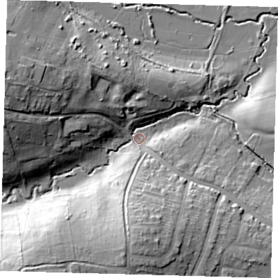 Shaded relief map of the ground around EN29AJ, computed from Environment Agency LiDAR. The ground here sits at about 31 m above sea level and falls 27 m across the surrounding 800 m. Surface water reaching this point runs off ground lying to the south-west, 23.5 m higher.
