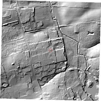 Shaded relief map of the ground around EN29BH, computed from Environment Agency LiDAR. The ground here sits at about 42 m above sea level and falls 28 m across the surrounding 800 m. Surface water reaching this point runs off ground lying to the west-south-west, 9.0 m higher.