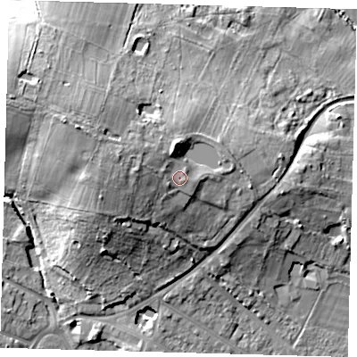 Shaded relief map of the ground around EN29HA, computed from Environment Agency LiDAR. The ground here sits at about 47 m above sea level and falls 28 m across the surrounding 800 m. Surface water reaching this point runs off ground lying to the west-north-west, 3.7 m higher.
