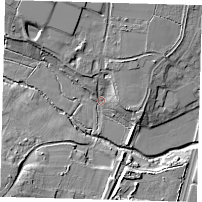 Shaded relief map of the ground around EN29HB, computed from Environment Agency LiDAR. The ground here sits at about 26 m above sea level and falls 23 m across the surrounding 800 m. Surface water reaching this point runs off ground lying to the north-north-west, 13.4 m higher.